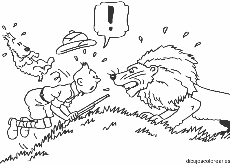 Dibujo de Tin Tin y un león