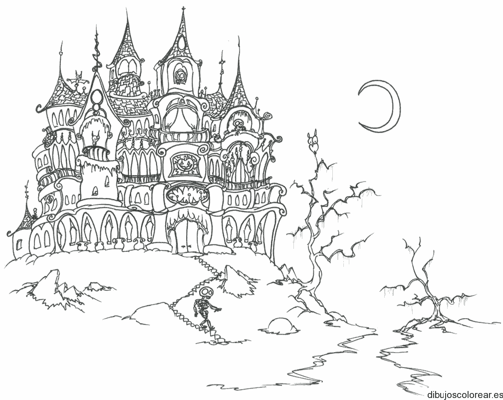 Dibujo de un castillo embrujado en la montaña 