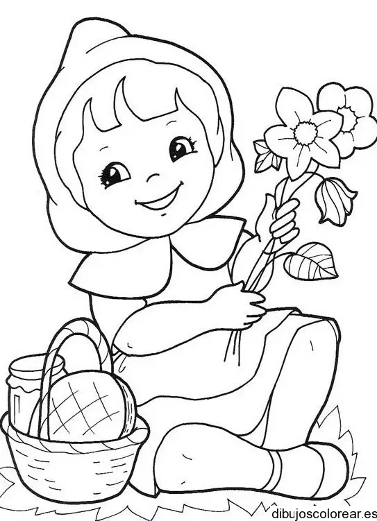 Dibujo de Caperucita Roja con ramo de flores