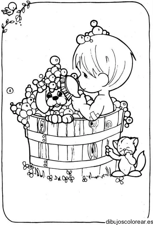 Dibujo de niño bañando un perro
