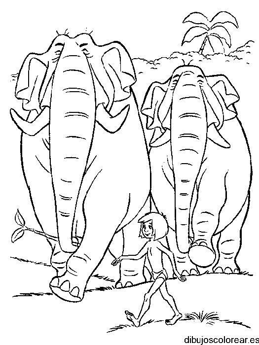 Dibujo de Mowgli y dos elefantes