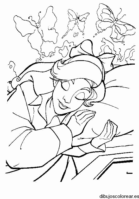 Dibujo de chica durmiendo bajo las mariposas