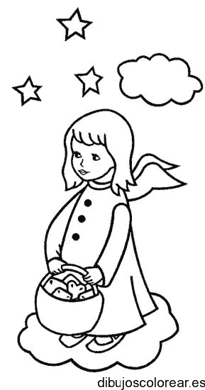 Dibujo de un ángel con una cesta en una nube