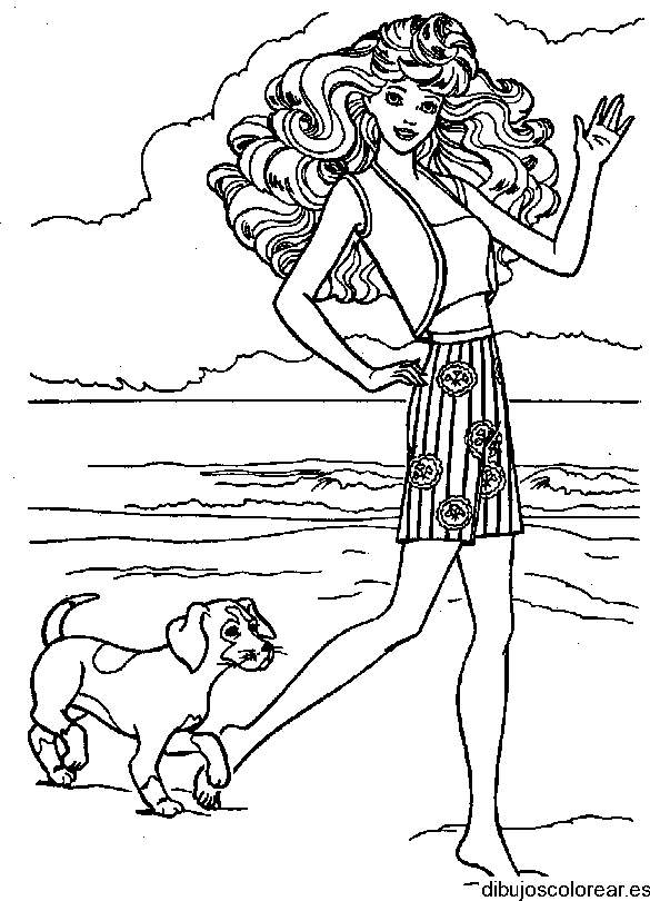 Dibujo de Barbie y su perro en la playa