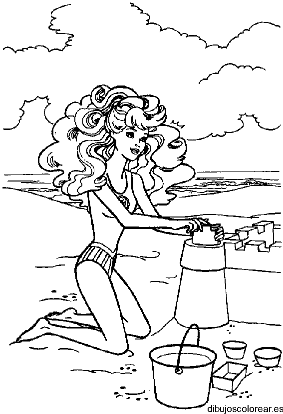 Dibujo de Barbie haciendo un castillo de arena