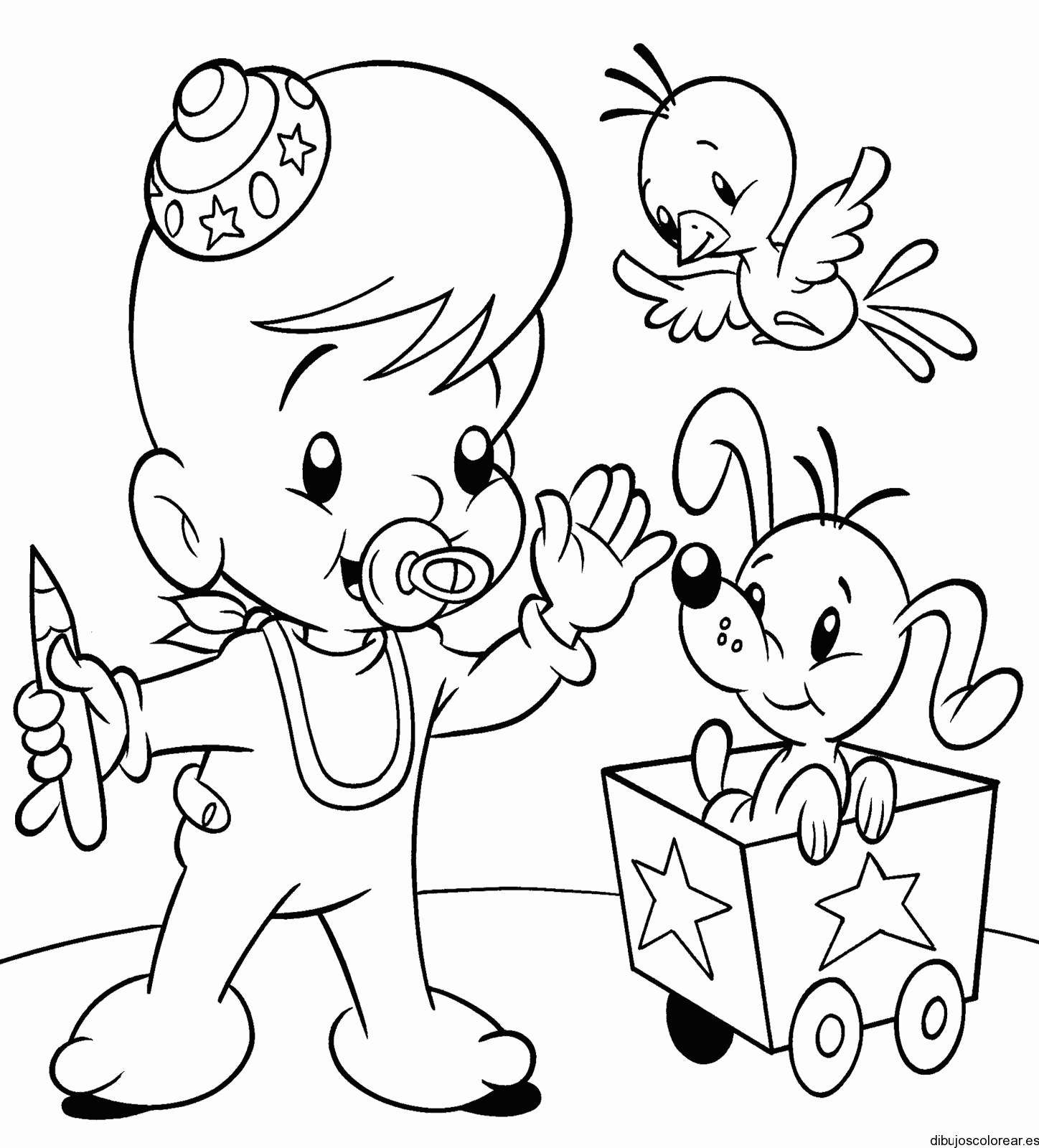 Dibujo de un bebe con perro y un canario 