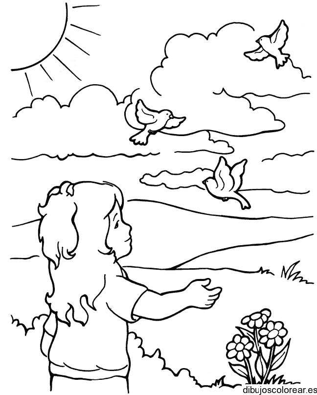 Dibujo de una niña y gaviotas