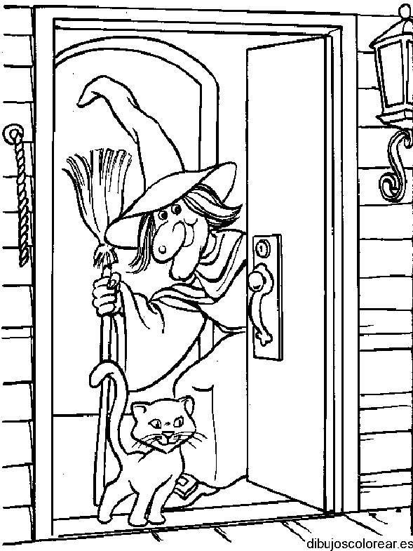 Dibujo de una bruja y su gato 