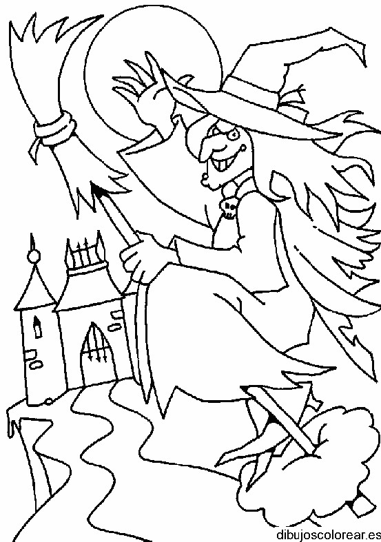 Dibujo de una bruja volando en la noche 