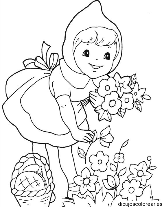 Dibujo de Caperucita roja con flores