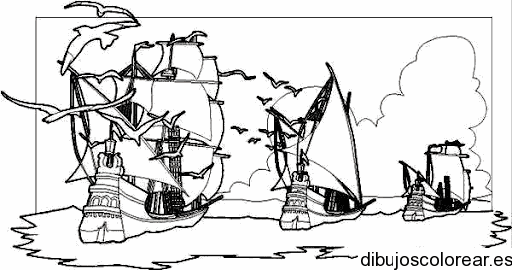 Dibujo de tres barcos en el mar 