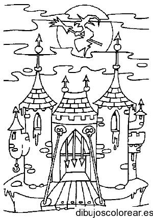 Dibujo de una bruja volando sobre un castillo
