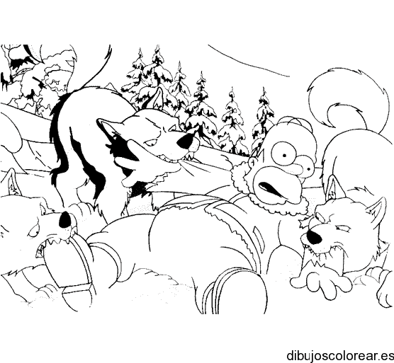 Dibujo de lobos mordiendo a Homero Simpson