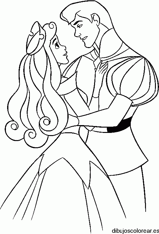 Dibujo de Aurora y el principe abrazados bailando