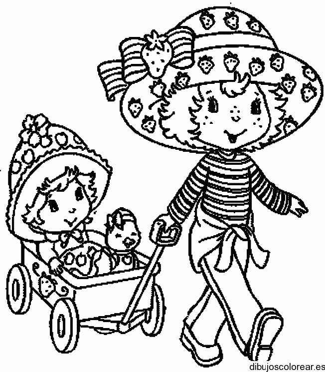 Dibujo de Fresita con una muñeca en carruaje