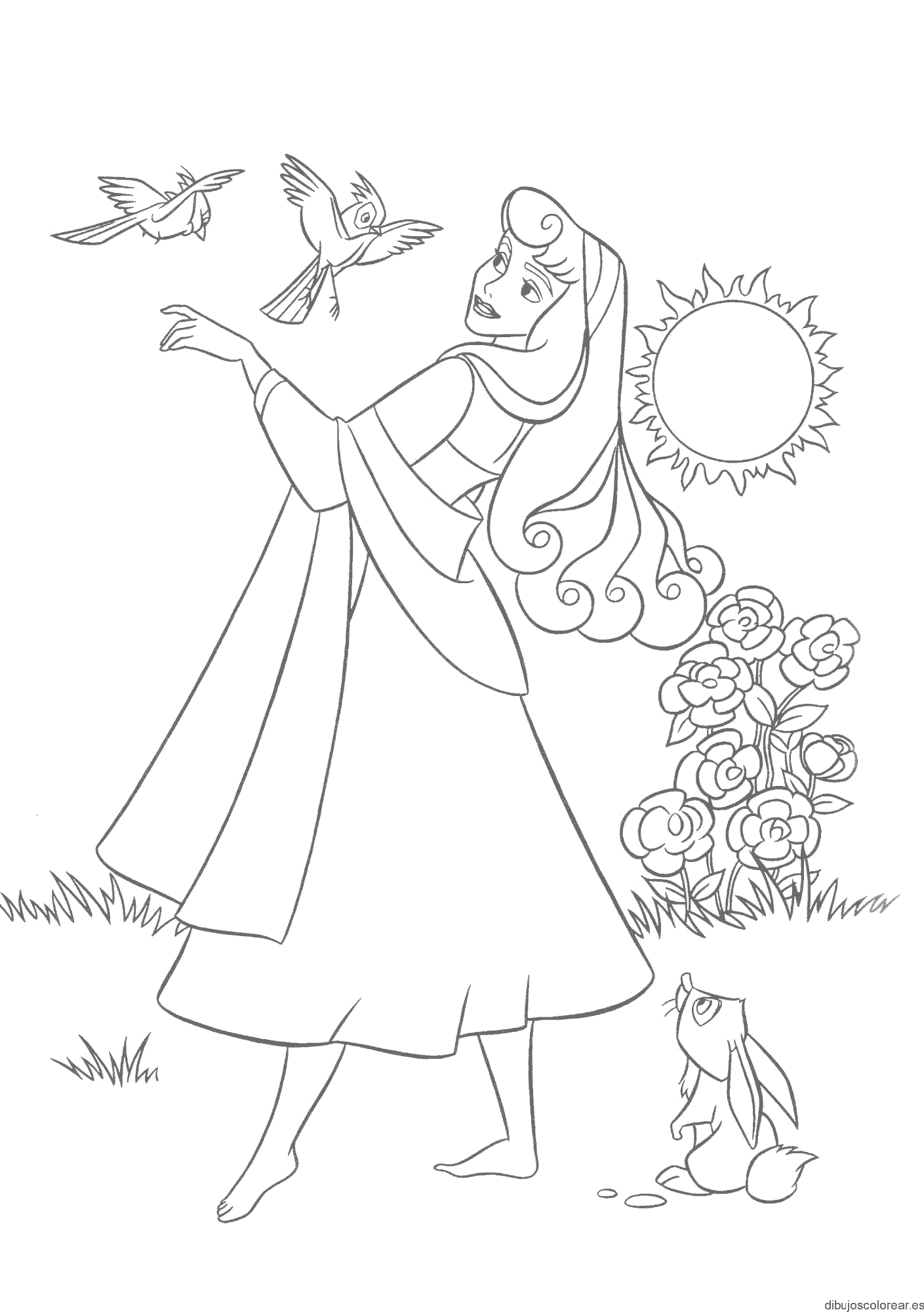 Dibujo de Aurora en el Jardín con pájaros