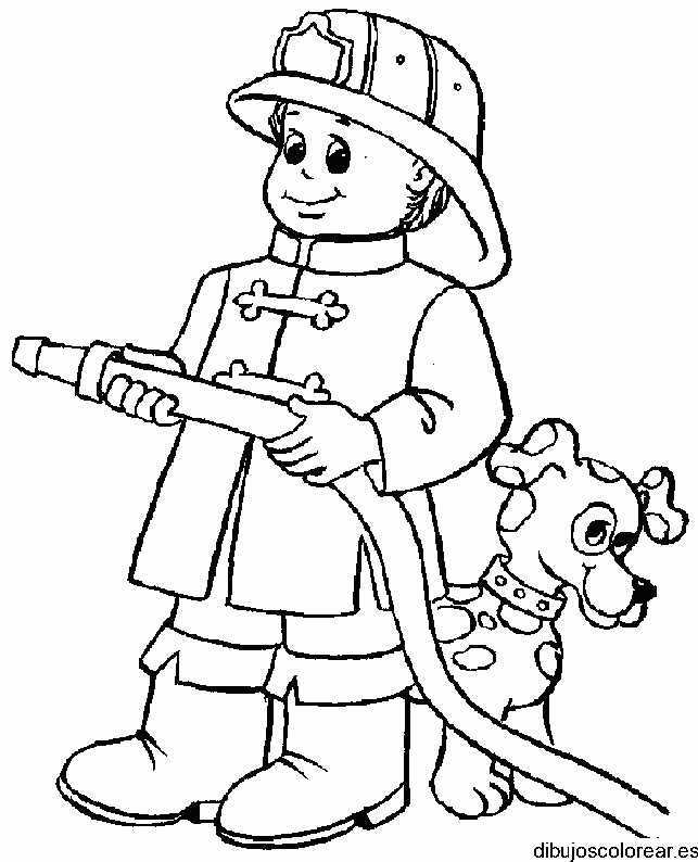 Dibujo de un pequeño bombero y su mascota