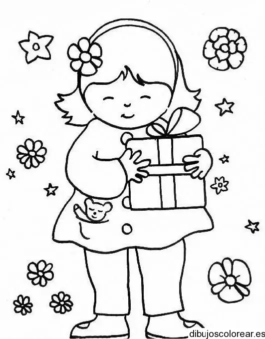 Dibujo de una niña y su regalo 