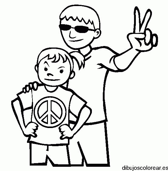 Dibujo de dos niños y el símbolo paz y amor