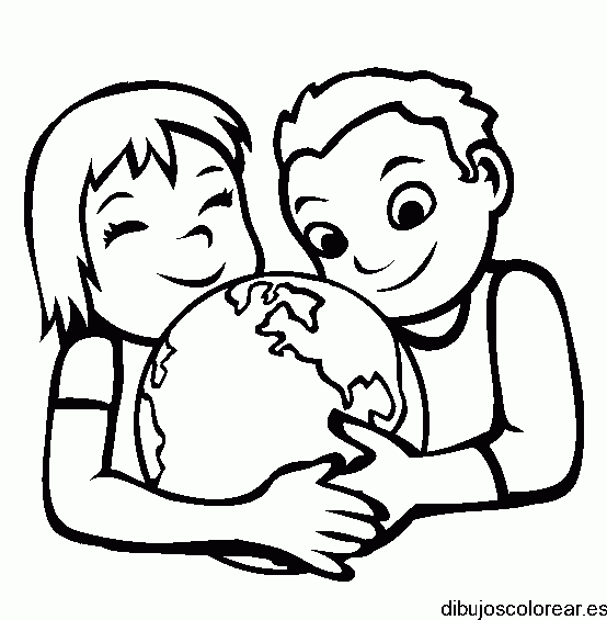 Dibujo de dos niños y un globo terráqueo