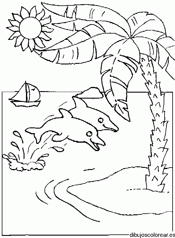Dibujo de dos delfines y palmeras