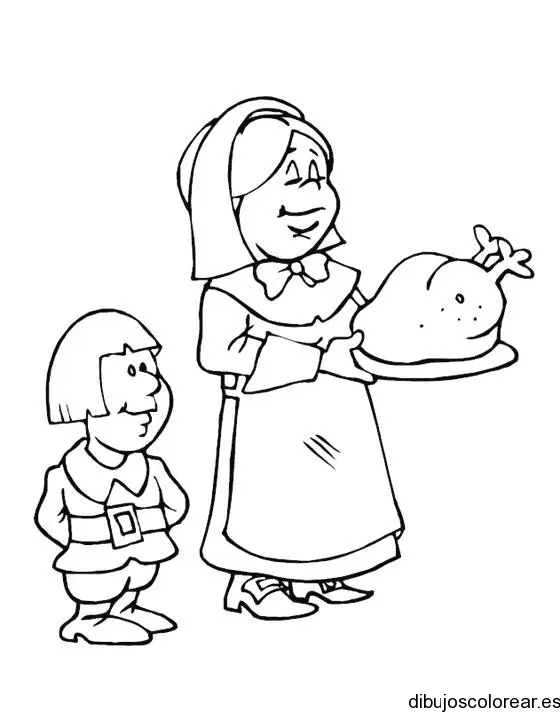 Dibujo de un niño y su madre con el pavo de la cena