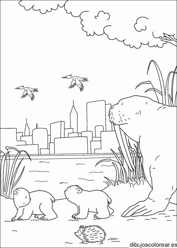 Dibujo de osos que miran hacia la ciudad