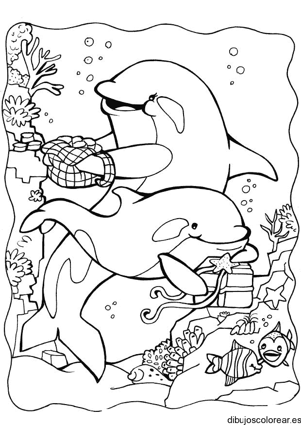 Dibujo de dos delfines y peces