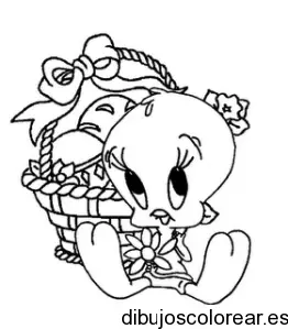 Dibujo de Piolín y una cesta de flores