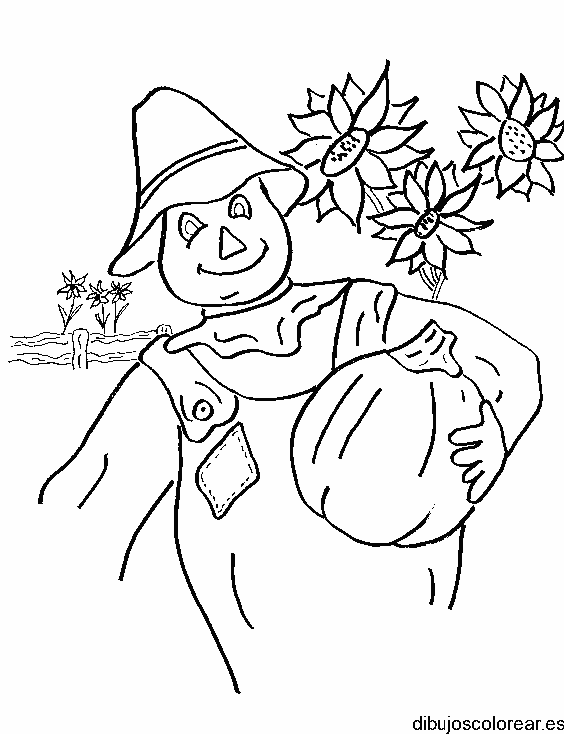 Dibujo de un espantapájaros con una calabaza 