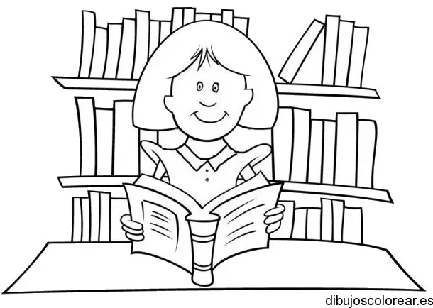 Dibujo de una niña leyendo en biblioteca