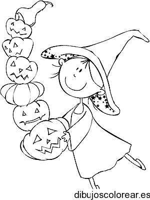 Dibujo de una pequeña bruja y sus calabazas 