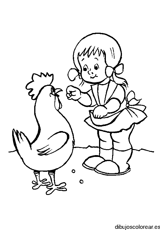 Dibujo de niña alimentando pollo