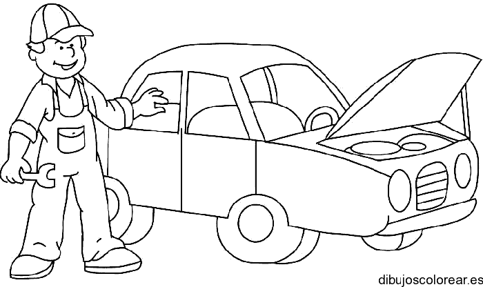 Dibujo de un mecánico con un coche 