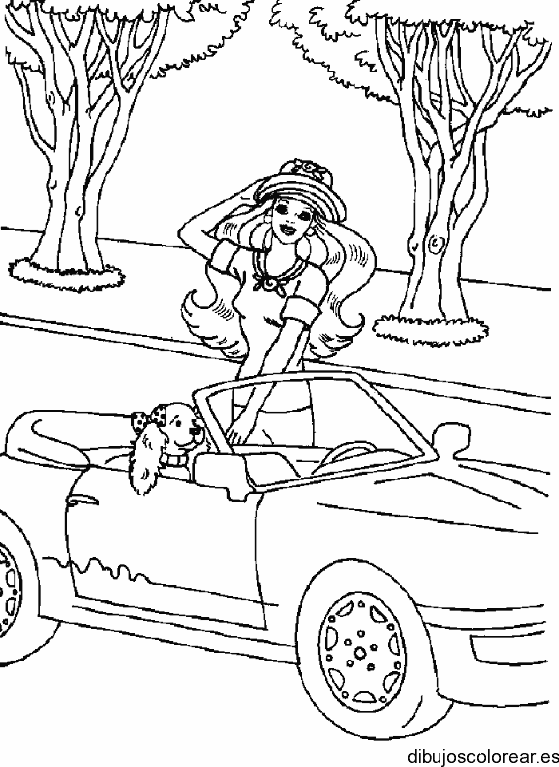 Dibujo de Barbie con sombrero y en coche