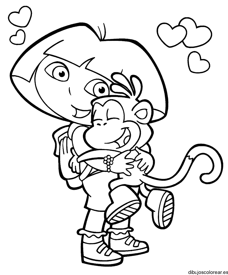 Dibujo de Dora la Exploradora con un mono y corazones