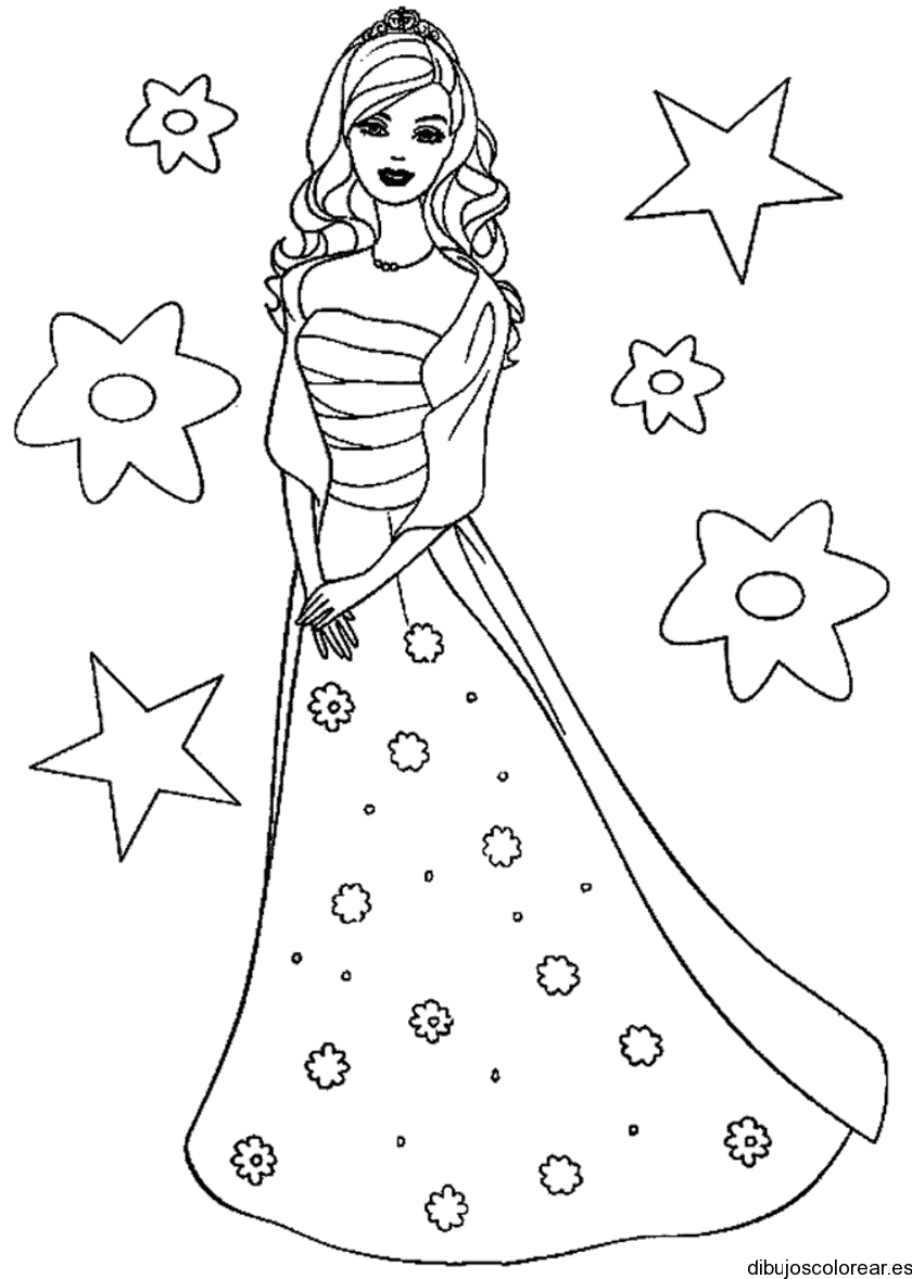 Dibujo de una princesa con flores y estrellas