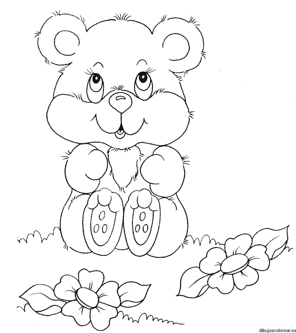 Dibujo de un osito con dos flores