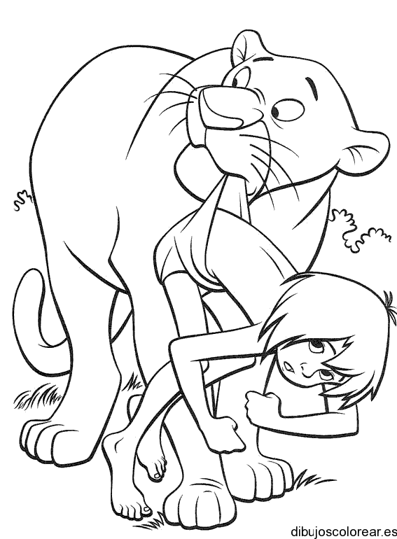 Dibujo de un león entristecido y Mowgly