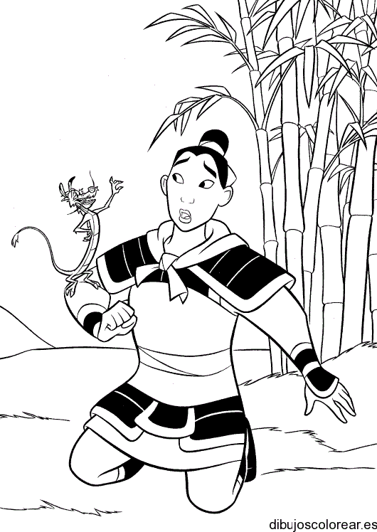 Dibujo de los personajes de Mulan Shang y el dragón Mushu