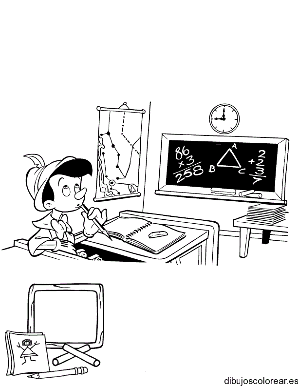 Dibujo de  Pinocho en un pupitre