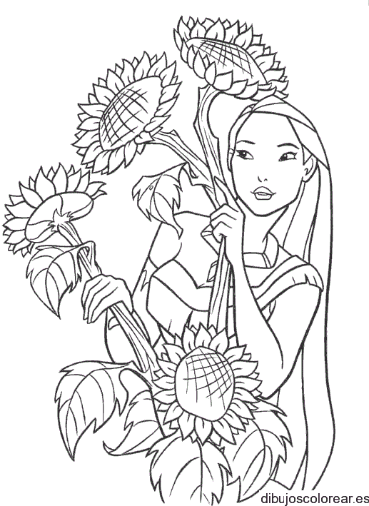 Dibujo de Pocahontas con dos girasoles