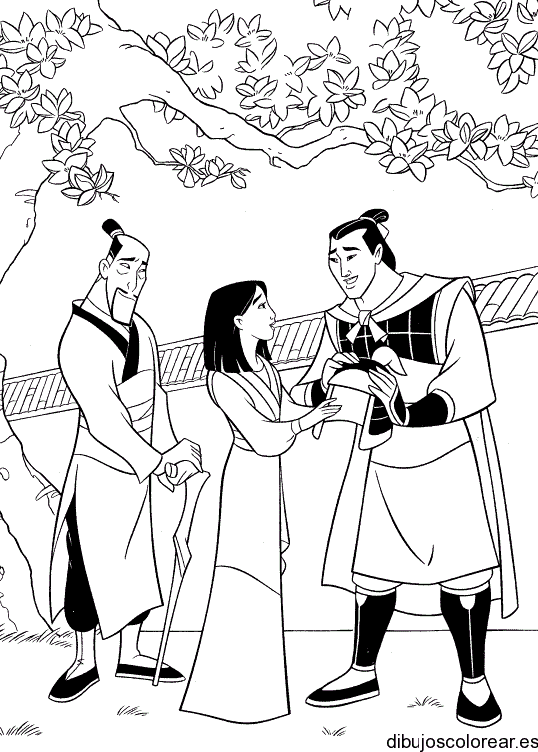 Dibujo de Mulan su padre y el capitán del ejército