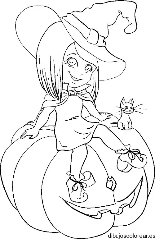 Dibujo de una pequeña bruja con una calabaza 