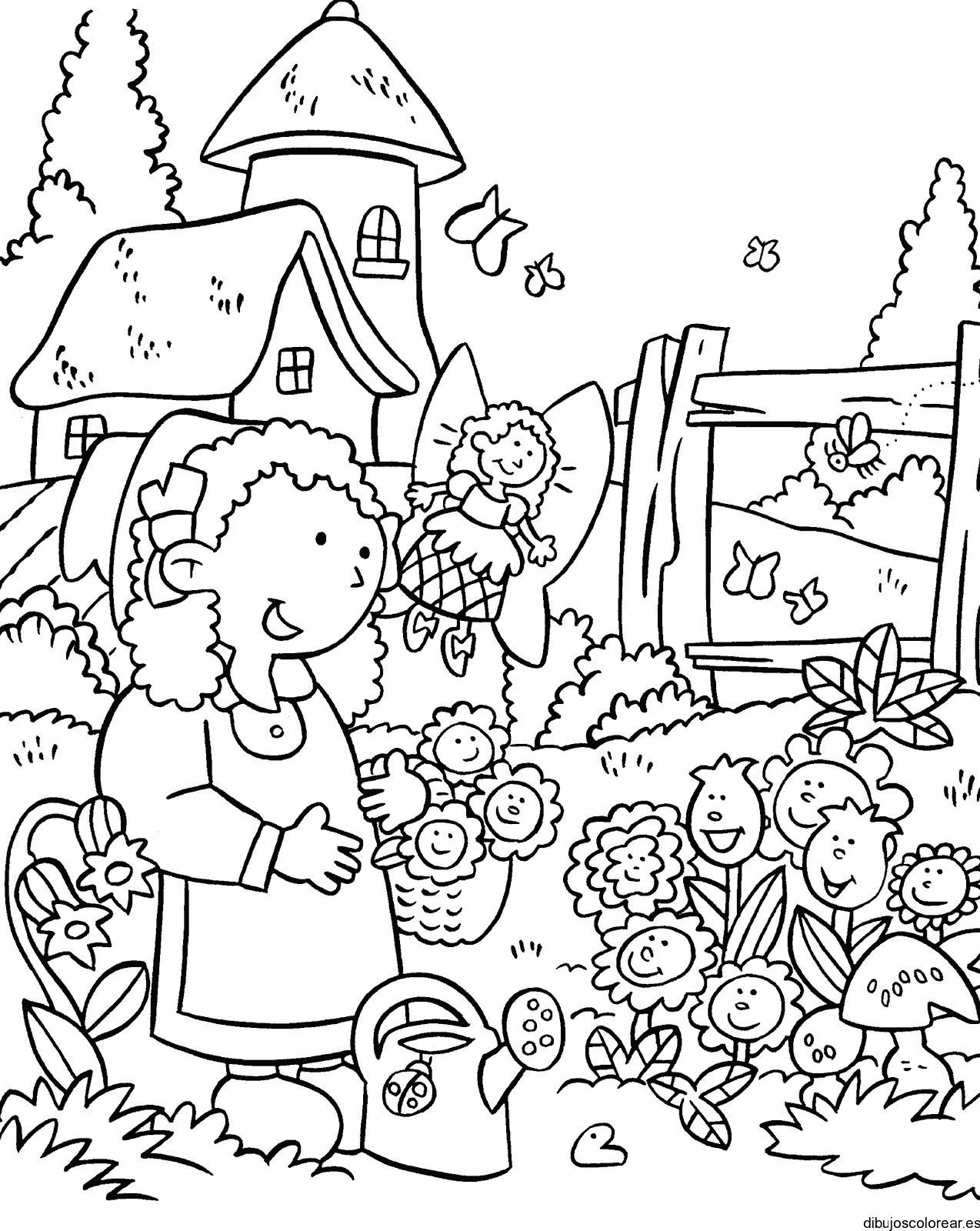 Dibujo de una niña hablando con las flores