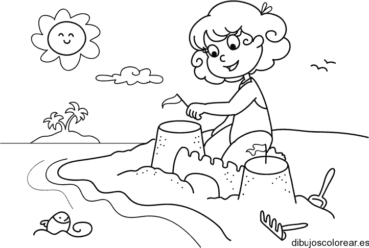 Dibujo de una niña jugando en la playa 