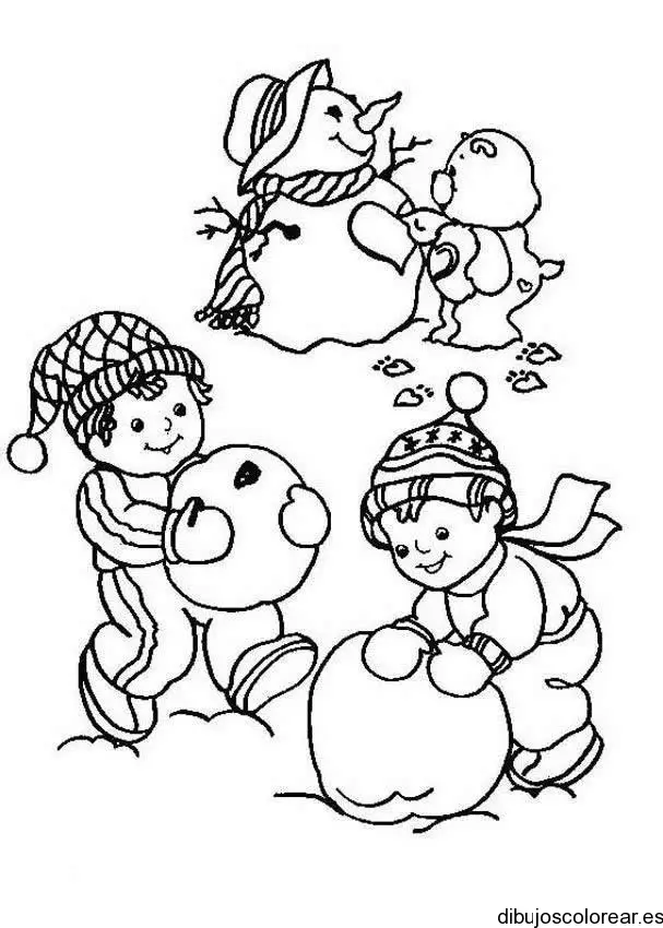 Dibujo de niños con un hombre de nieve y un oso 