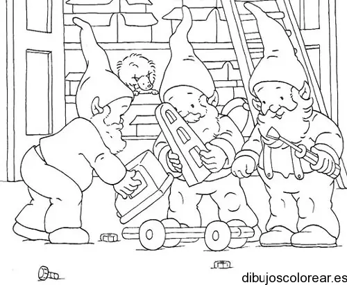 Dibujo de tres duendes con juguetes