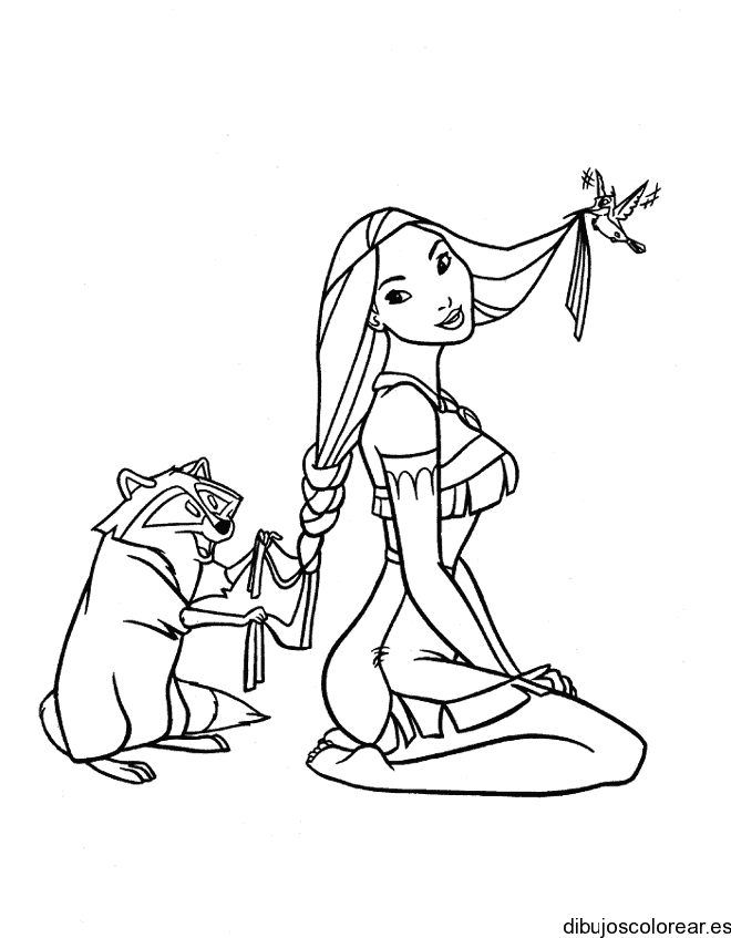Dibujo de Pocahontas con un pajarillo jugando
