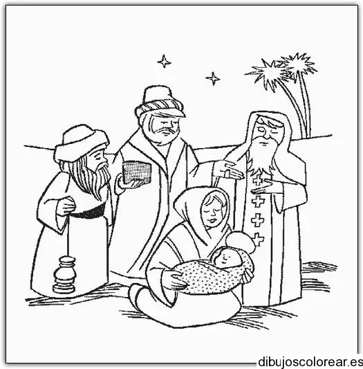 Dibujo de Reyes Magos visitando al niño Jesús